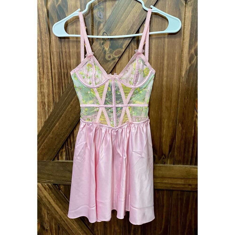 For Love & Lemons Pink Floral Corset Slip Mini Dress Lingerie Sz XXS - Picture 1 of 10